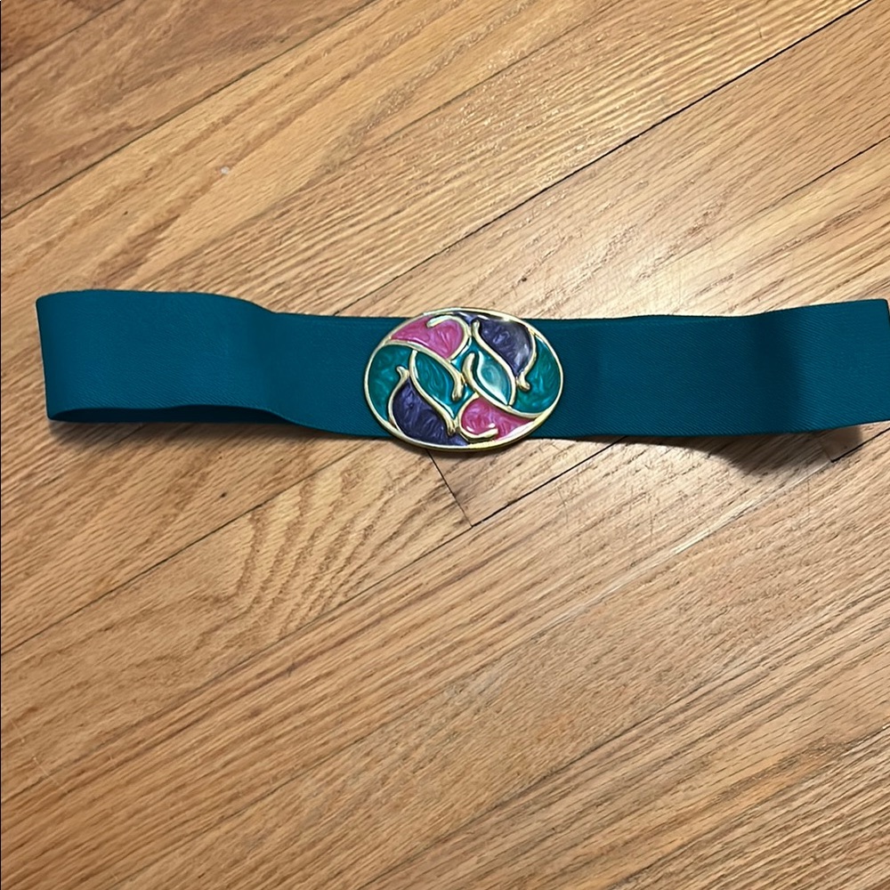 Teal Belt with Multicolor Enamel Buckle